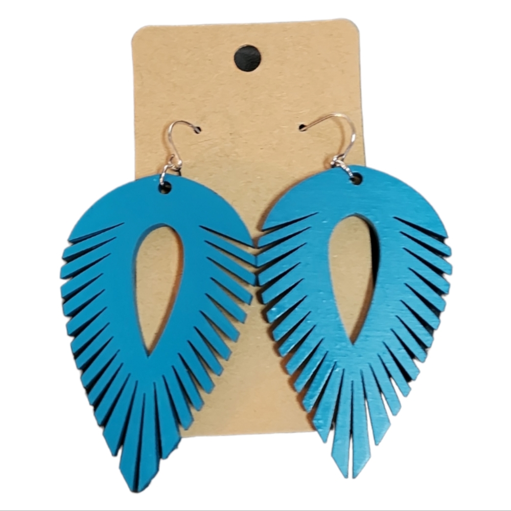 Blue Feather Wood Drop Earrings